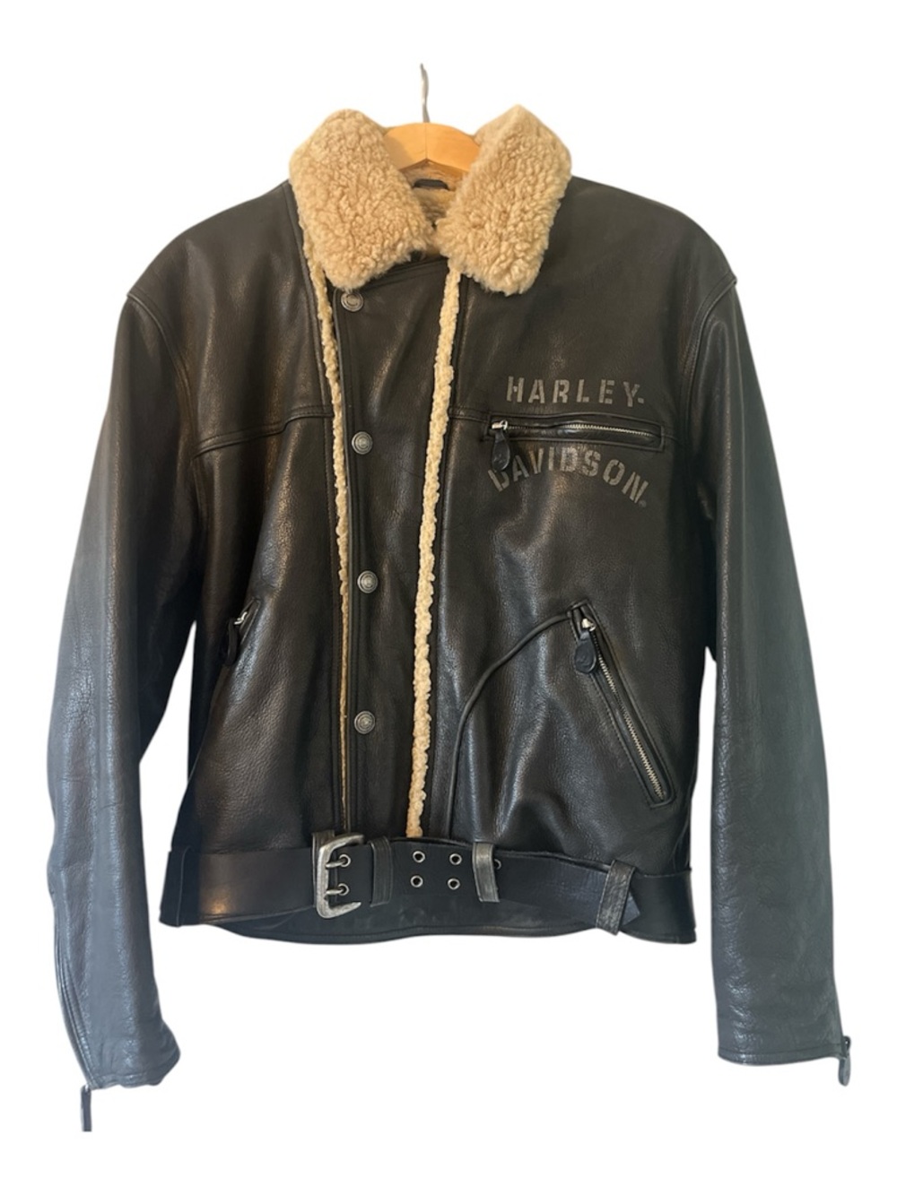 Harley-Davidson Black Leather Bomber Jacket with Cream Shearling Collar